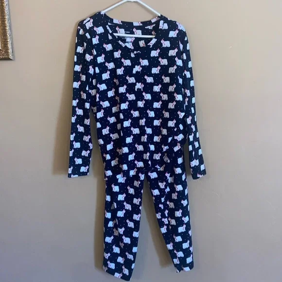 Sleep Sense Long Sleeve Henley Polar Bear Print Holiday Pajama Set Women L BLACK - Picture 2 of 5